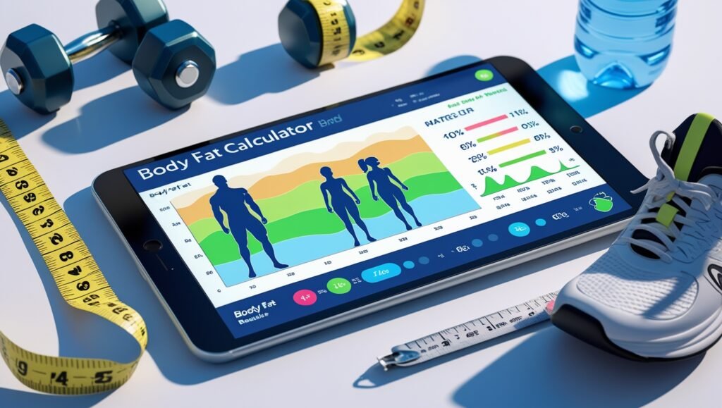 Body Fat Calculator interface on smartphone with fitness accessories like dumbbells and measuring tape, showing body fat percentage results for men and women.