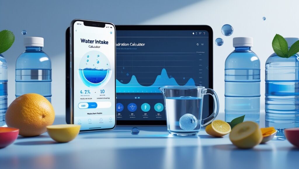 Water Intake Calculator displayed on smartphone and tablet screens with water bottles, fresh fruits, and hydration level chart in a clean, modern layout.