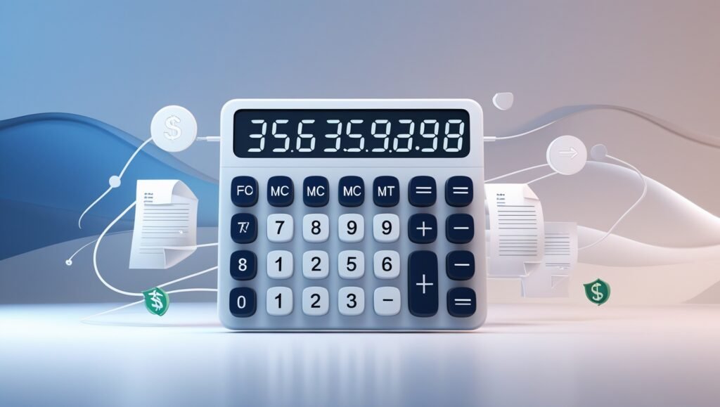 "Digital calculator converting numeric digits into handwritten text in a modern workspace interface, with soft blue gradients and icons representing finance, education, and documents in the background.