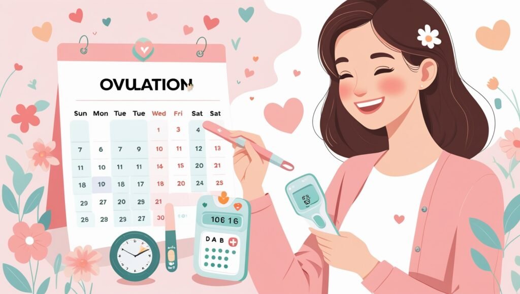Woman using a digital pregnancy conception calculator to track ovulation and fertility window on a calendar, with soft pastel visuals and baby icons.