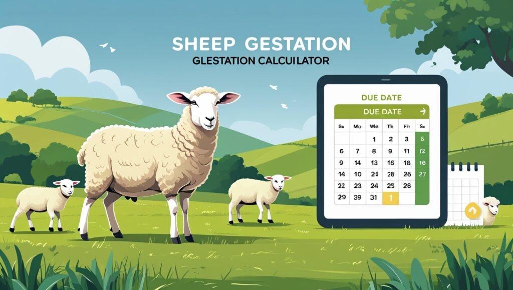 Illustration of a sheep gestation calculator showing a ewe in a green pasture with lambs, a marked calendar, and a tablet displaying the expected lambing date.