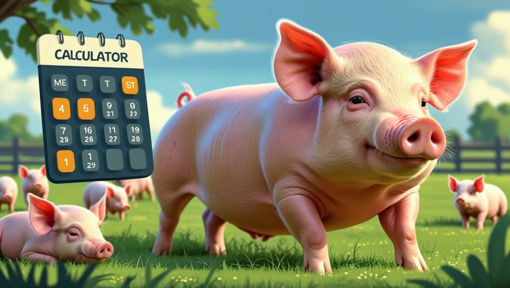 Illustration of a swine gestation calculator featuring a healthy sow in a grassy field, a marked calendar, piglets nearby, and a smartphone displaying a due date, symbolizing pregnancy tracking on a farm.