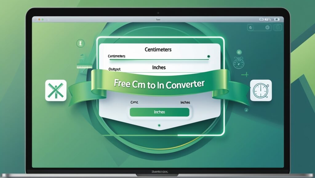 Screenshot of a free digital Centimeters to Inches converter tool displayed on a smartphone and laptop, featuring input and output boxes, a blue and white gradient background, and measurement icons like a ruler.