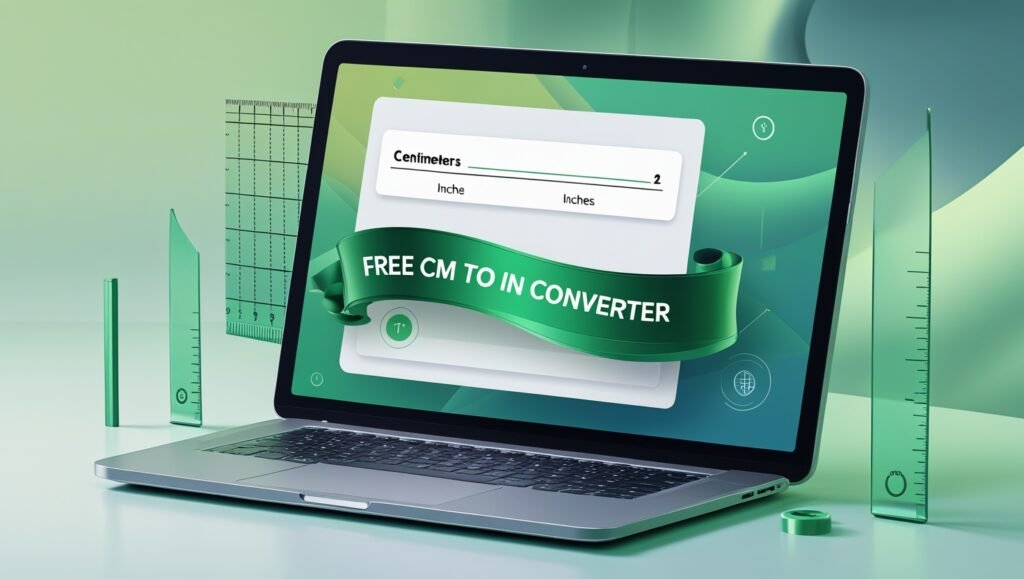 Screenshot of a free digital Centimeters to Inches converter tool displayed on a smartphone and laptop, featuring input and output boxes, a blue and white gradient background, and measurement icons like a ruler.