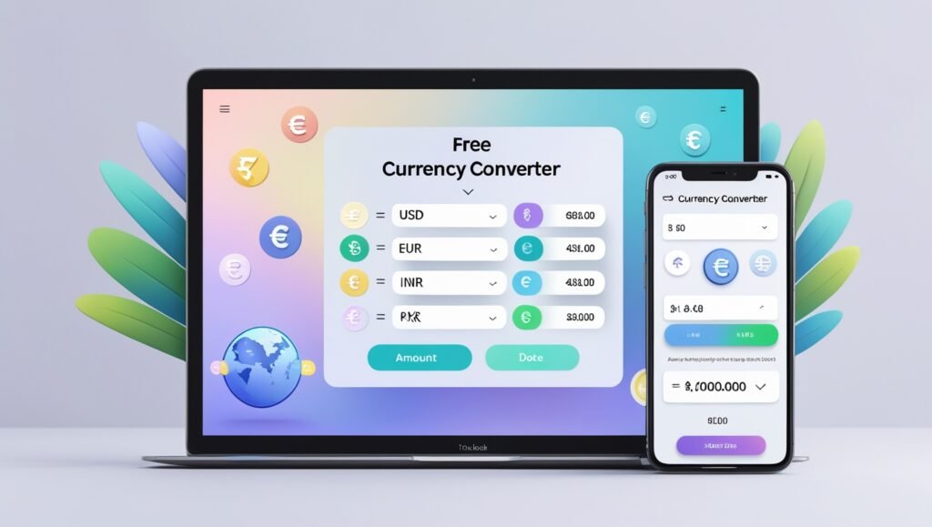 Digital currency converter tool displayed on laptop and smartphone screens with real-time exchange rates, currency selection dropdowns, and a clean blue-and-white interface.