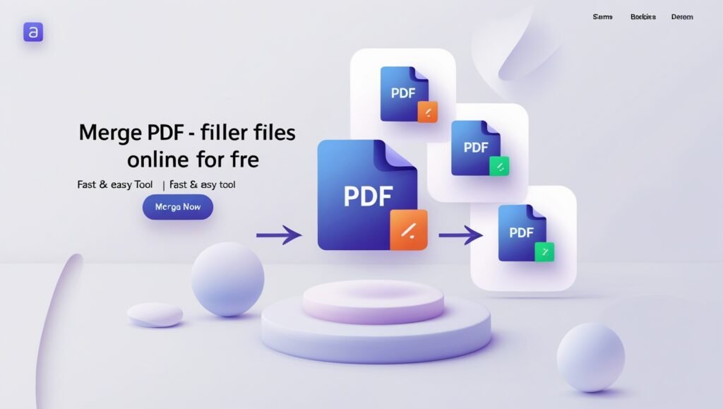 Illustration of an online PDF merge tool combining multiple PDF documents into one file