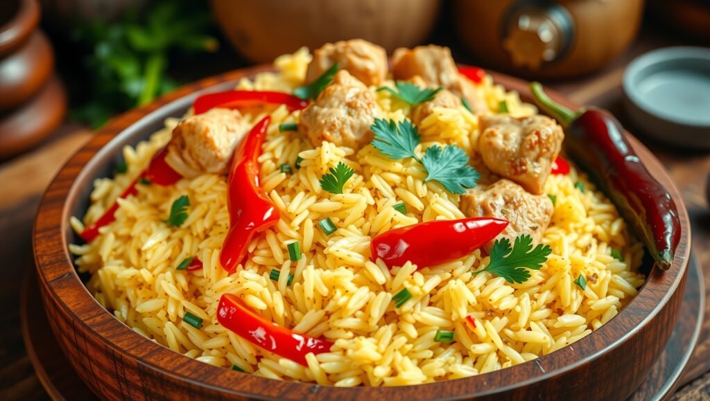 Interactive Nigerian coconut rice calculator showing portion selector, protein options (chicken, fish, beef, vegetarian), and spice level controls with generate recipe button.