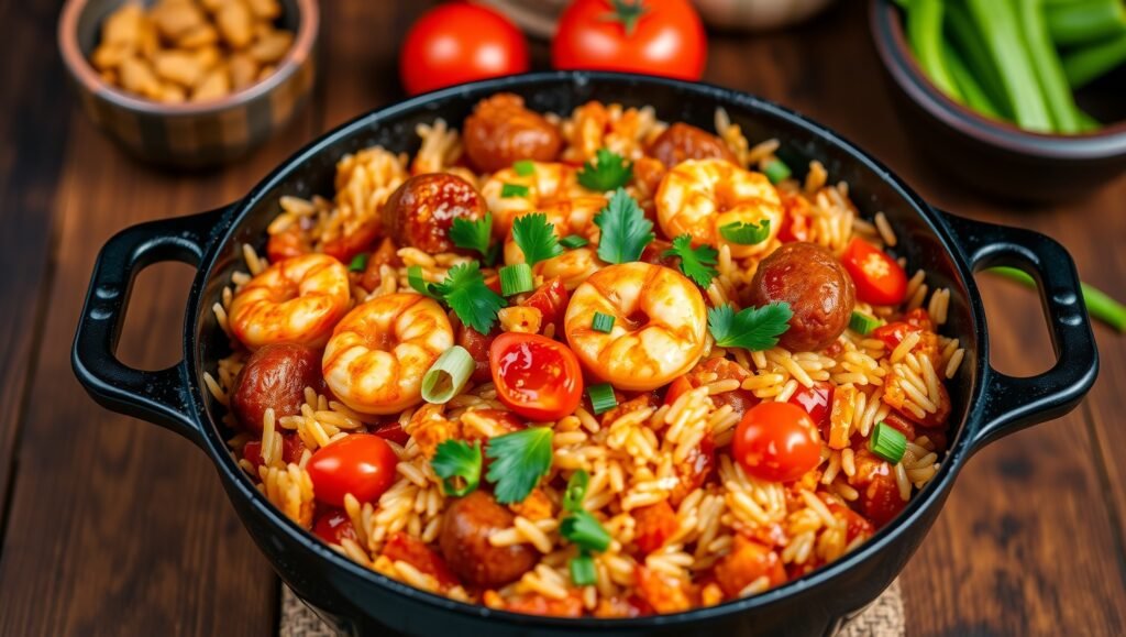 Authentic Creole jambalaya in a cast-iron pot with shrimp, sausage, tomatoes, and rice, garnished with parsley