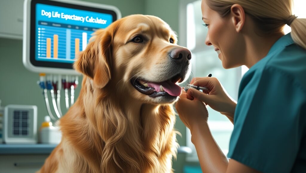 Interactive dog lifespan calculator showing breed, age, and health inputs with estimated results