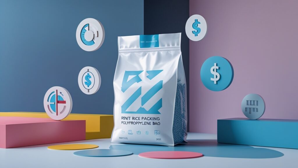 Transparent plastic poly bag with measurement indicators floating beside it, representing packaging cost calculation concepts
