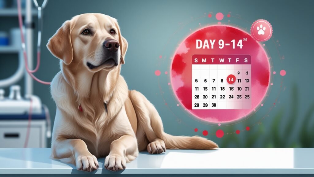 Golden retriever dog with floating calendar showing dog heat cycle dates, highlighting days 9-14 as most fertile period for breeding.