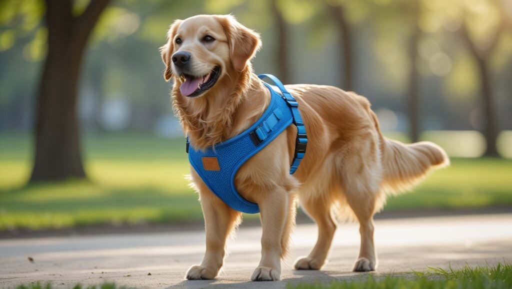 Golden retriever wearing properly fitted blue harness in sunny park