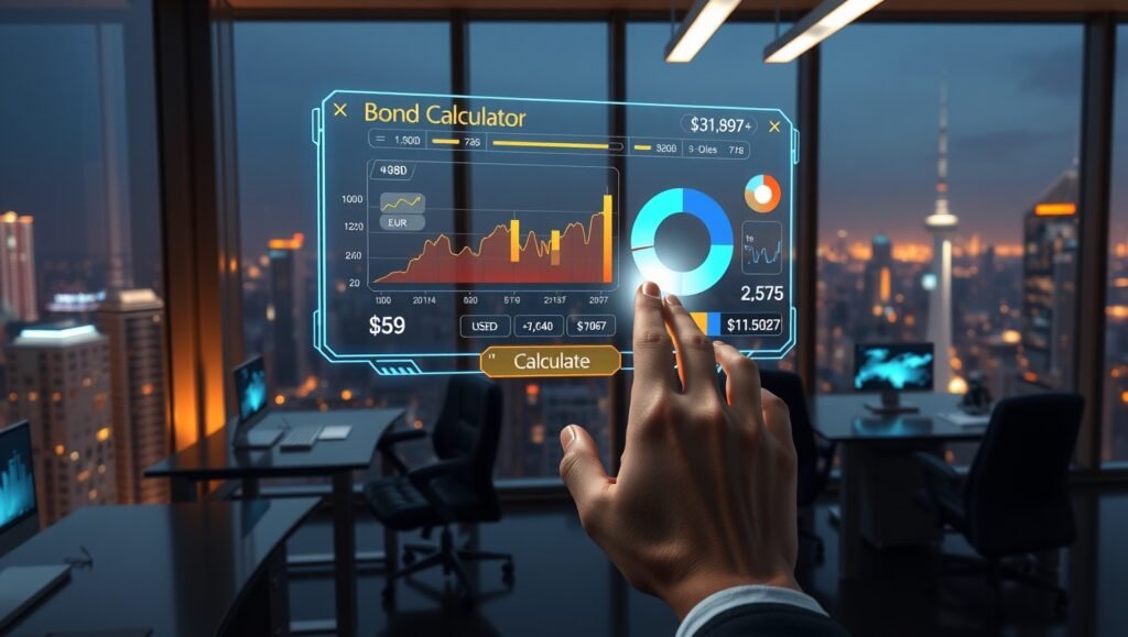 Interactive bond calculator with financial graphs showing yield curves and price fluctuations on a futuristic digital dashboard.