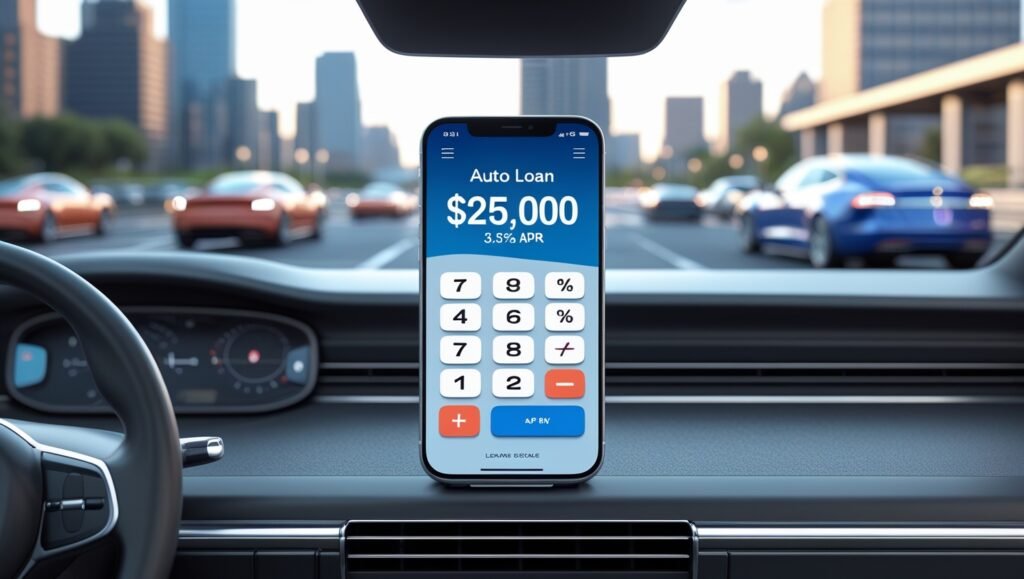 Modern smartphone displaying an auto loan calculator app on a car dashboard, showing monthly payment calculations with a luxury car blurred in the background.