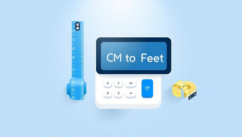 Online CM to Feet Converter tool showing real-time length calculation between centimeters and feet