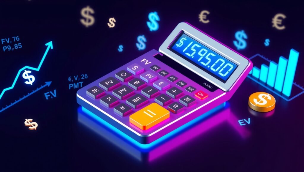 Interactive financial calculator interface showing future value calculation with input fields for PV, FV, PMT, I/Y, and N