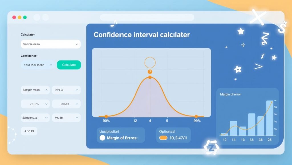 Confidence interval calculator with input fields for sample mean, standard deviation, and sample size