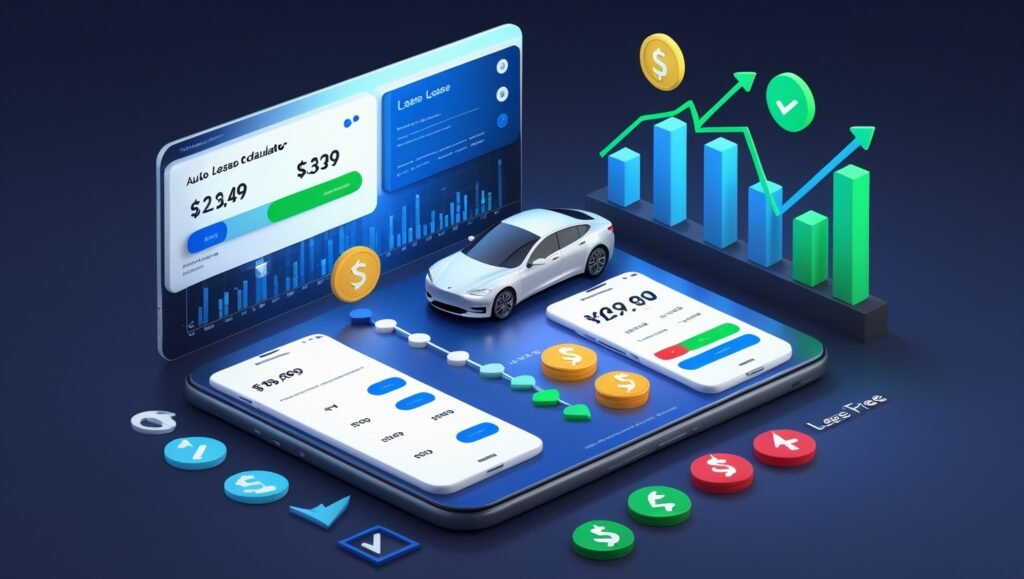 3D blue-and-white lease calculator dashboard with sliders for car price and loan terms, displaying $497/month payment