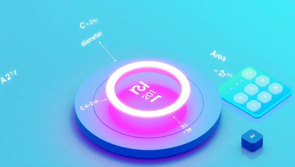 Circle geometry calculator showing radius, diameter, circumference, and area formulas with interactive input fields
