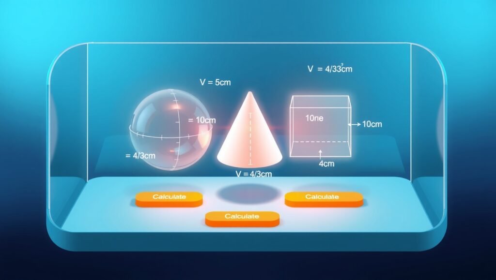 *"3D volume calculator tool showing sphere, cone, and cube with measurement inputs and formulas like V=4/3πr³