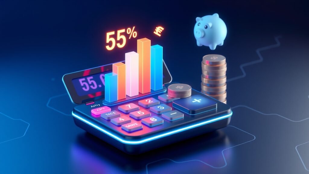 Interactive savings calculator showing compound interest growth over time with bar chart visualization