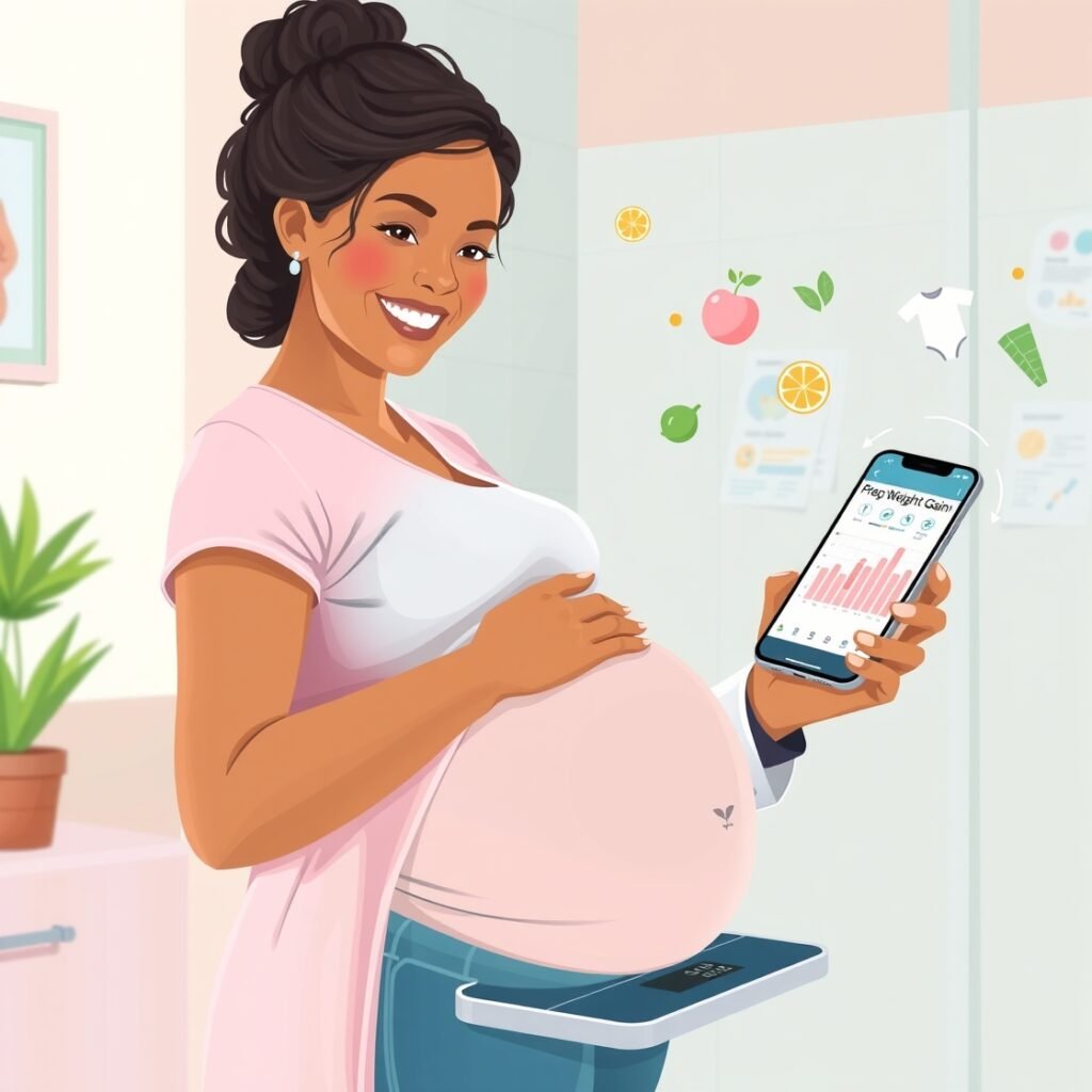 Pregnancy weight gain calculator showing BMI-based recommendations and weekly tracking chart for healthy moms