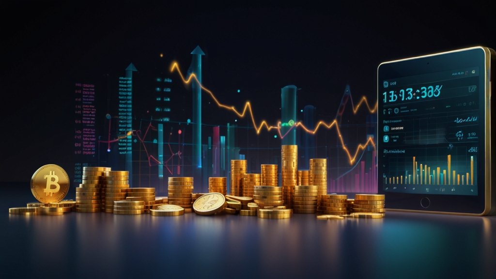 3D bar chart showing compound interest growth over time, with gold coins stacking higher on each bar and a futuristic calculator displaying percentage returns against a blue gradient background.