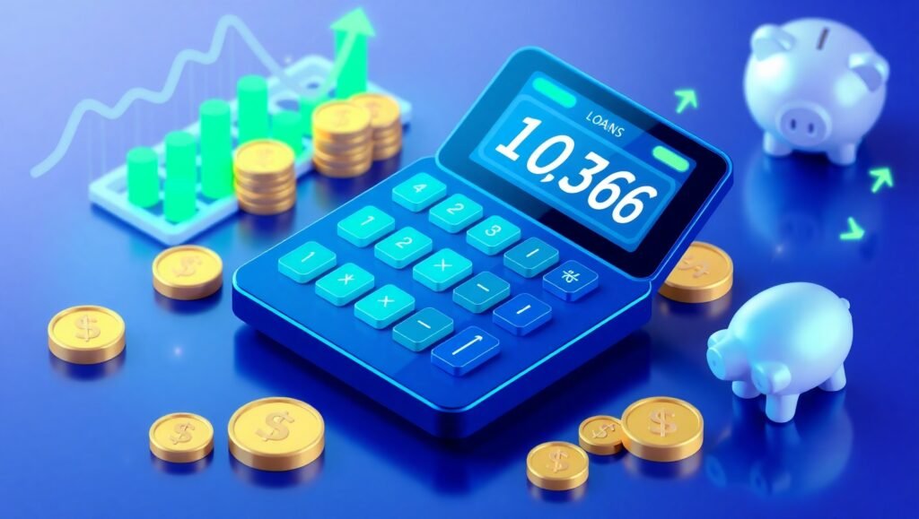 Interactive loan interest rate calculator showing APR percentage with financial charts in background