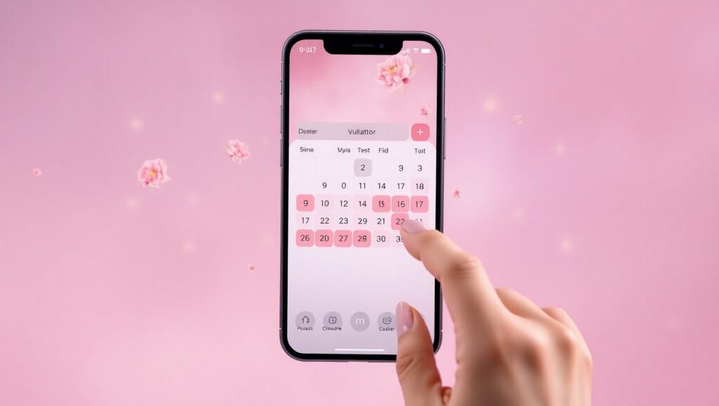 Period calculator interface showing menstrual cycle tracking calendar with ovulation days highlighted in soft pink and fertile window in peach tones