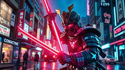 A majestic cyberpunk samurai warrior standing on a rain soaked neon street at night, glowing blue katana raised, wearing intricate futuristic armor with holographic interfaces, in a cinematic neon noir style