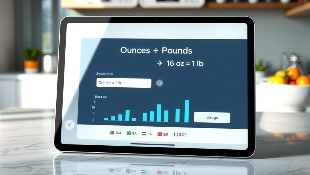 Ounces to Pounds Converter tool showing real-time weight conversion with interactive calculator and bar chart visualization