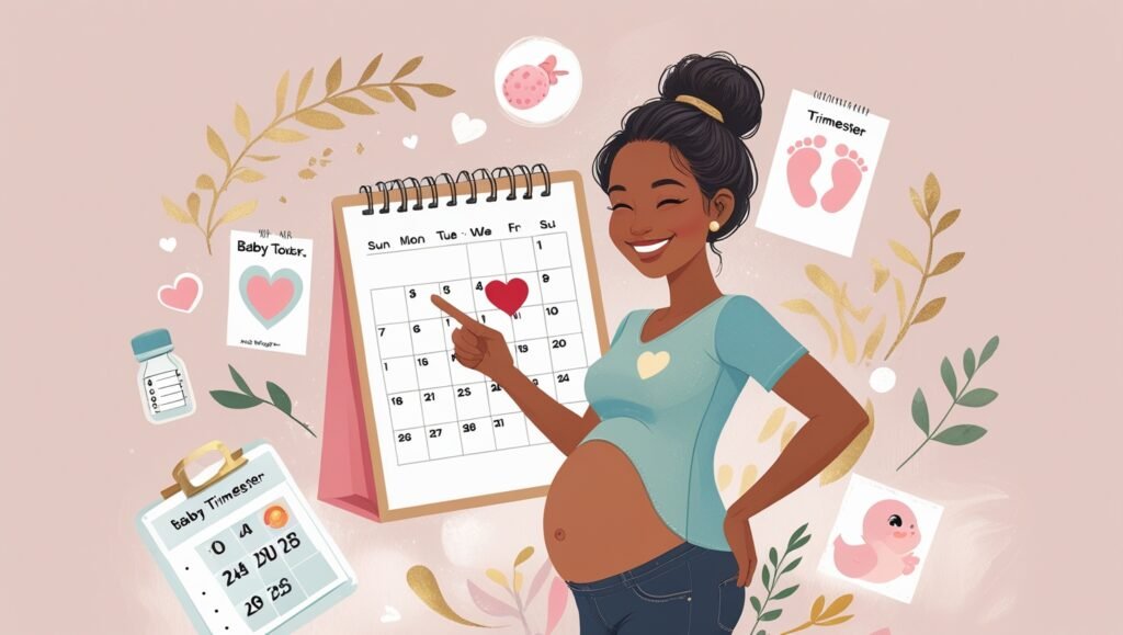 Pregnant woman using due date calculator with calendar and pregnancy timeline, showing trimesters and baby items
