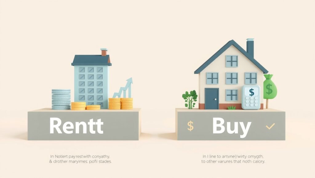 Split-screen illustration comparing renting vs buying a home, showing cost differences over time with icons of houses, money, and growth charts.