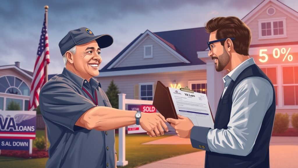 Illustration showing VA loan benefits: veteran receiving house keys with 0% down payment, no PMI icon, and low interest rate graphic
