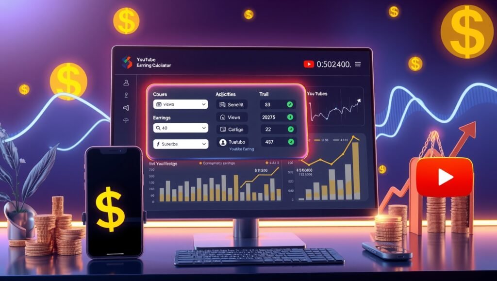 YouTube earnings calculator showing ad revenue estimates based on views, CPM, and engagement rate