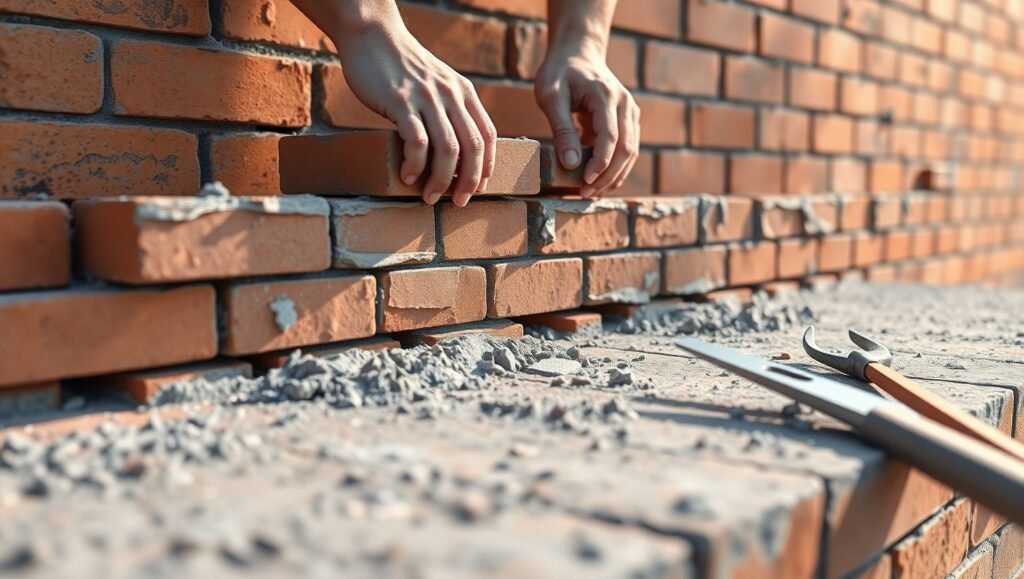 Construction worker calculating brick quantities on blueprint