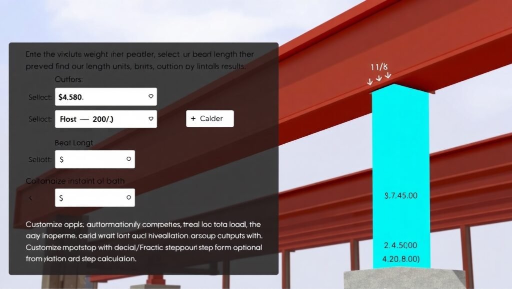 Engineering calculator interface showing beam load results