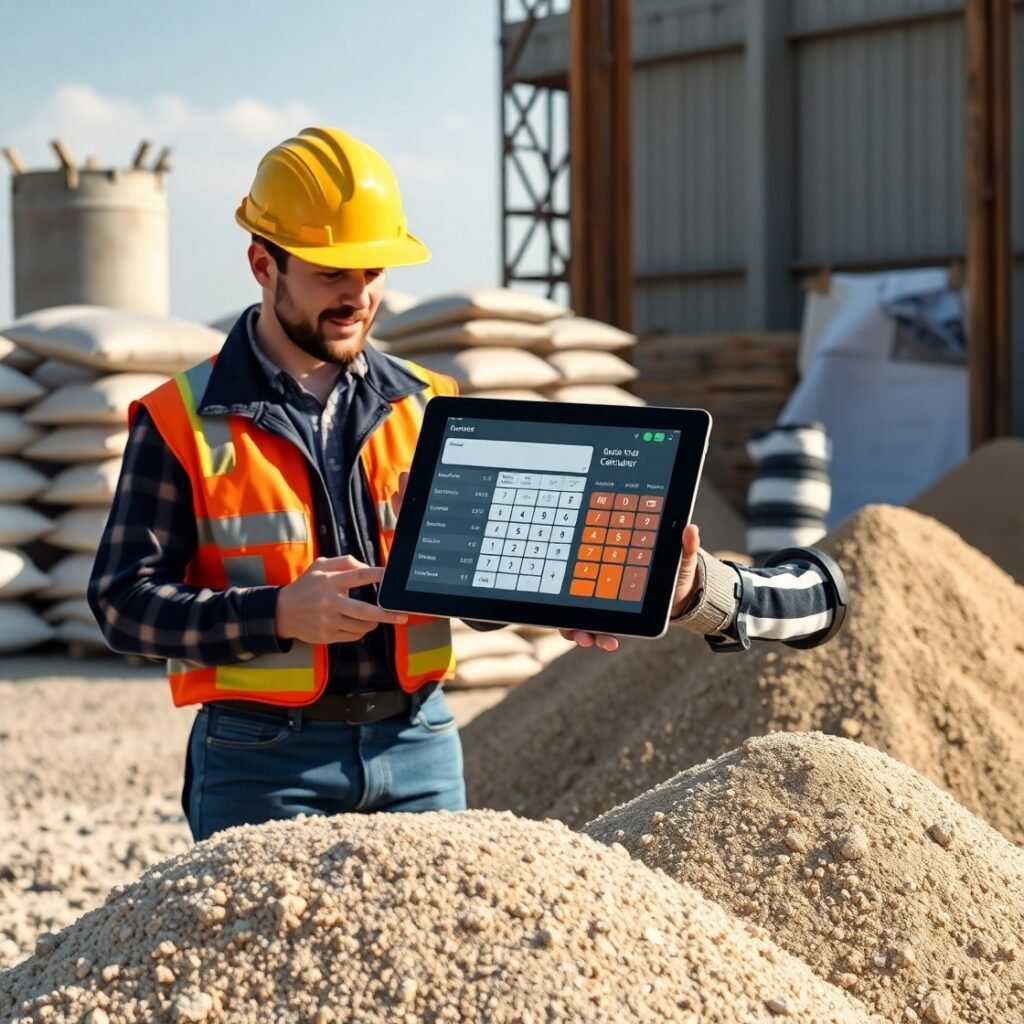 Builder using cement-sand calculator on tablet