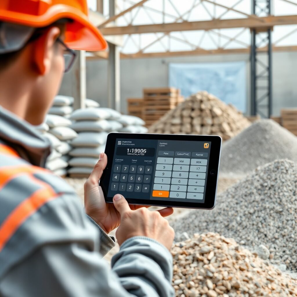 Builder using cement-sand calculator on tablet