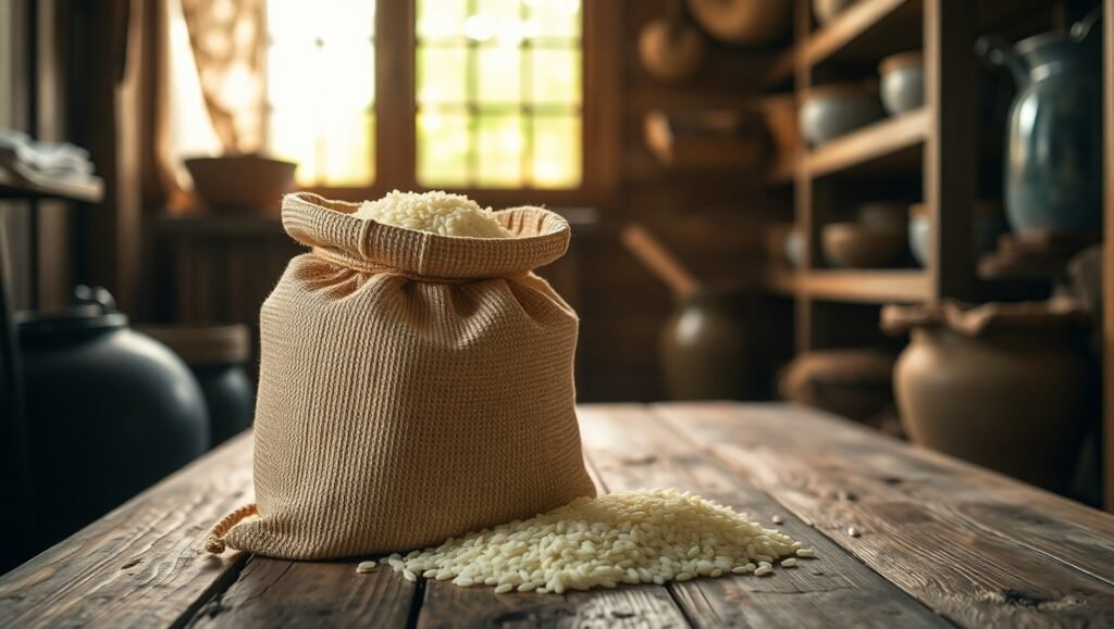 Artisanal jasmine rice in a woven polypropylene bag on a rustic wooden table.